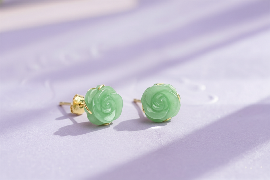Bông tai Vàng Đá quý tự nhiên Cẩm Thạch Burmese Jadeite Jade Rose Flower Gold Earrings by AME Jewellery