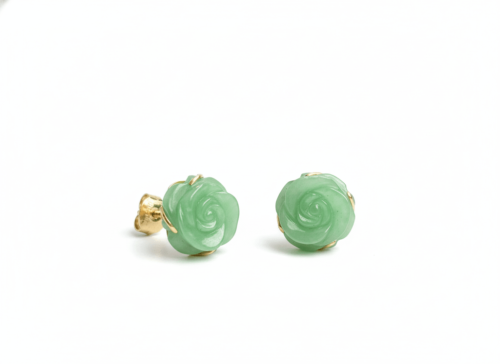 Bông tai Vàng Đá quý tự nhiên Cẩm Thạch Burmese Jadeite Jade Rose Flower Gold Earrings by AME Jewellery