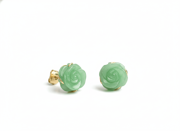 Bông tai Vàng Đá quý tự nhiên Cẩm Thạch Burmese Jadeite Jade Rose Flower Gold Earrings by AME Jewellery