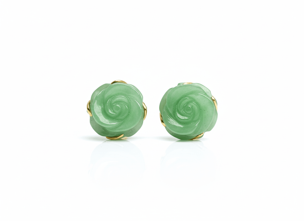 Bông tai Vàng Đá quý tự nhiên Cẩm Thạch Burmese Jadeite Jade Rose Flower Gold Earrings by AME Jewellery