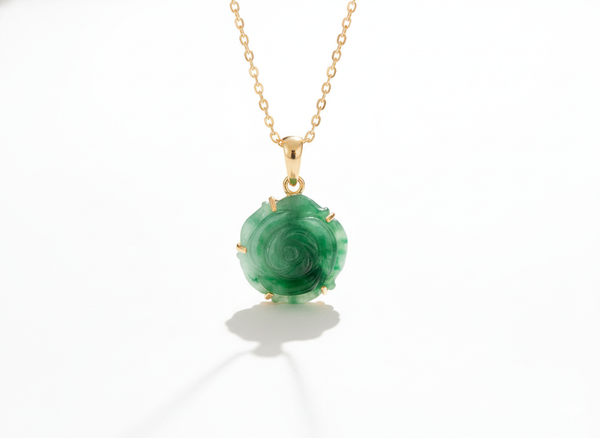 Mặt dây Hoa hồng Vàng đá quý thiên nhiên Cẩm thạch Jadeite Jade Rose Pendant Necklace in 14-karat Yellow Gold by AME Jewellery