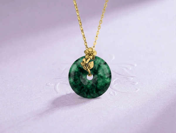 Burmese Donut Circle Jadeite Jade Apricot Blossom Pendant Necklace in 14K Yellow Gold. Jadeite Jade Bi Pendant with Apricot Blossom designs. 