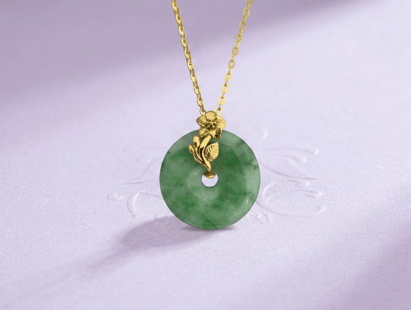 Burmese Donut Circle Jadeite Jade Apricot Blossom Pendant Necklace in 14K Yellow Gold. Jadeite Jade Bi Pendant with Apricot Blossom designs. 