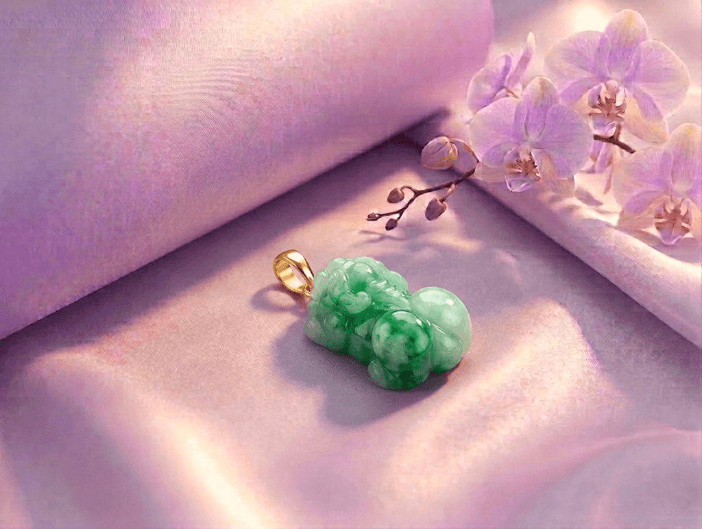 Burmese Carved Pixiu Jadeite Jade Pendant Necklace in 14K Yellow Gold by AME Jewellery.