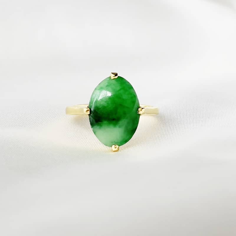 Nhẫn Vàng Đá quý Cẩm thạch thiên nhiên Oval cabochon Jadeite Jade Ring in 14K Yellow Gold by AME Jewellery