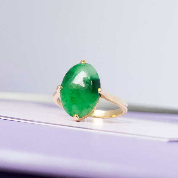 Nhẫn Vàng Đá quý Cẩm thạch thiên nhiên Oval cabochon Jadeite Jade Ring in 14K Yellow Gold by AME Jewellery