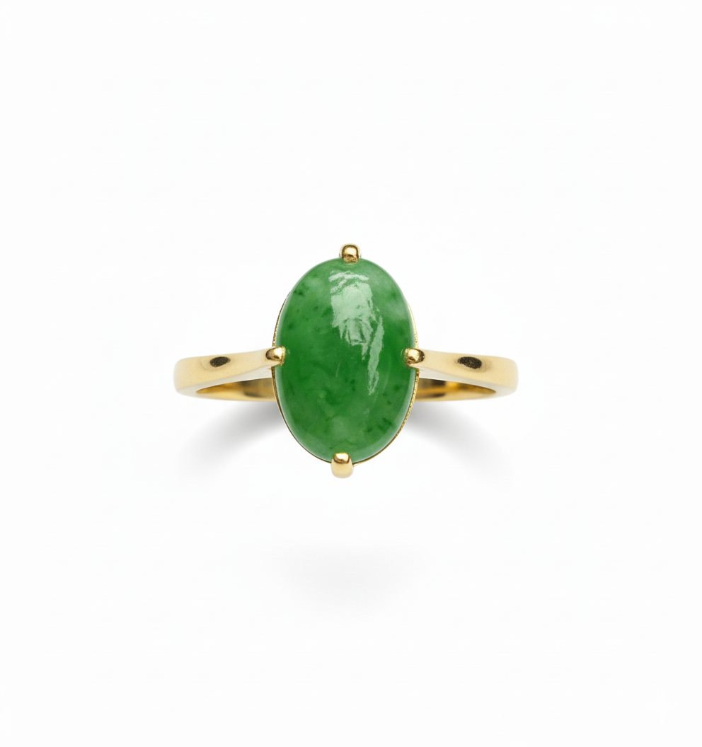 Nhẫn Vàng Đá quý Cẩm thạch thiên nhiên Oval cabochon Jadeite Jade Ring in 14K Yellow Gold by AME Jewellery