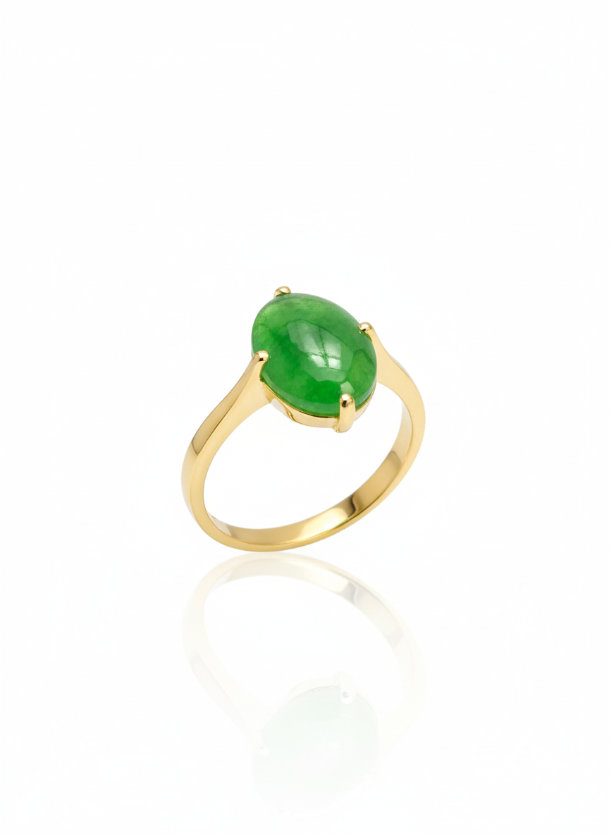 Nhẫn Vàng Đá quý Cẩm thạch thiên nhiên Oval cabochon Jadeite Jade Ring in 14K Yellow Gold by AME Jewellery