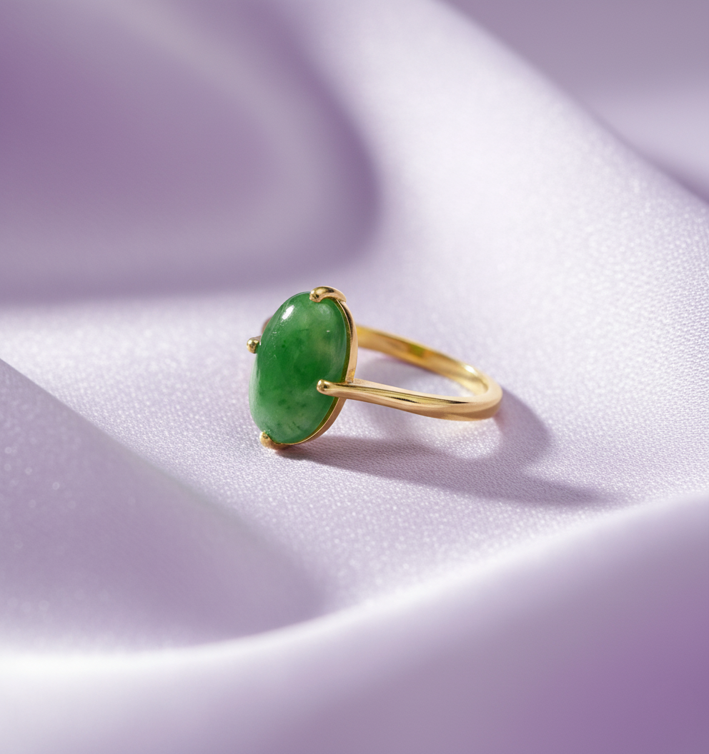 Nhẫn Vàng Đá quý Cẩm thạch thiên nhiên Oval cabochon Jadeite Jade Ring in 14K Yellow Gold by AME Jewellery