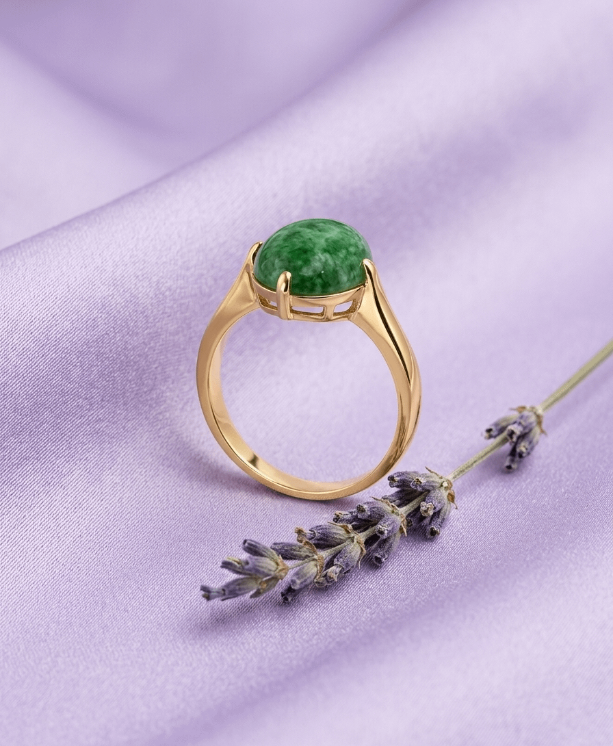 Nhẫn Vàng Đá quý Cẩm thạch thiên nhiên Oval cabochon Jadeite Jade Ring in 14K Yellow Gold by AME Jewellery