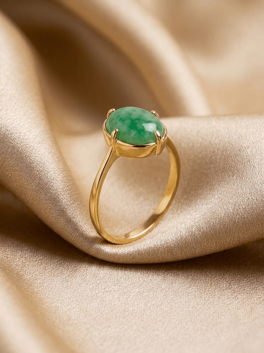 Natural Burmese jadeite ring crafted in 14-karat yellow gold by AME Jewellery. 