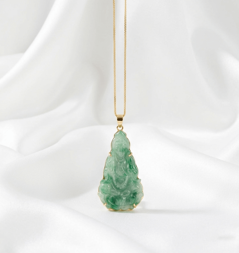 Mặt dây Cẩm thạch Phật Bà Quan Âm | Burmese Natural Jadeite Jade Guanyin Buddha Gold Pendant | AME Jewellery