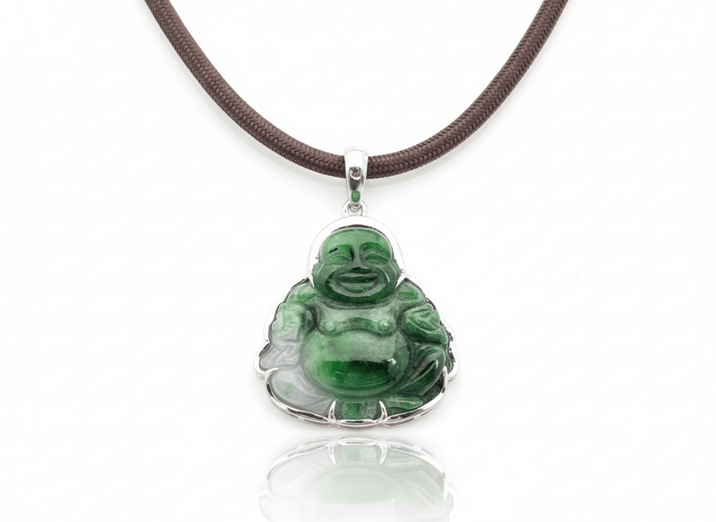 Mặt dây Vàng trắng Tượng Phật Di Lặc Cẩm thạch thiên nhiên Jadeite Jade Maitreya Buddha Pendant 10K White Gold by AME Jewellery