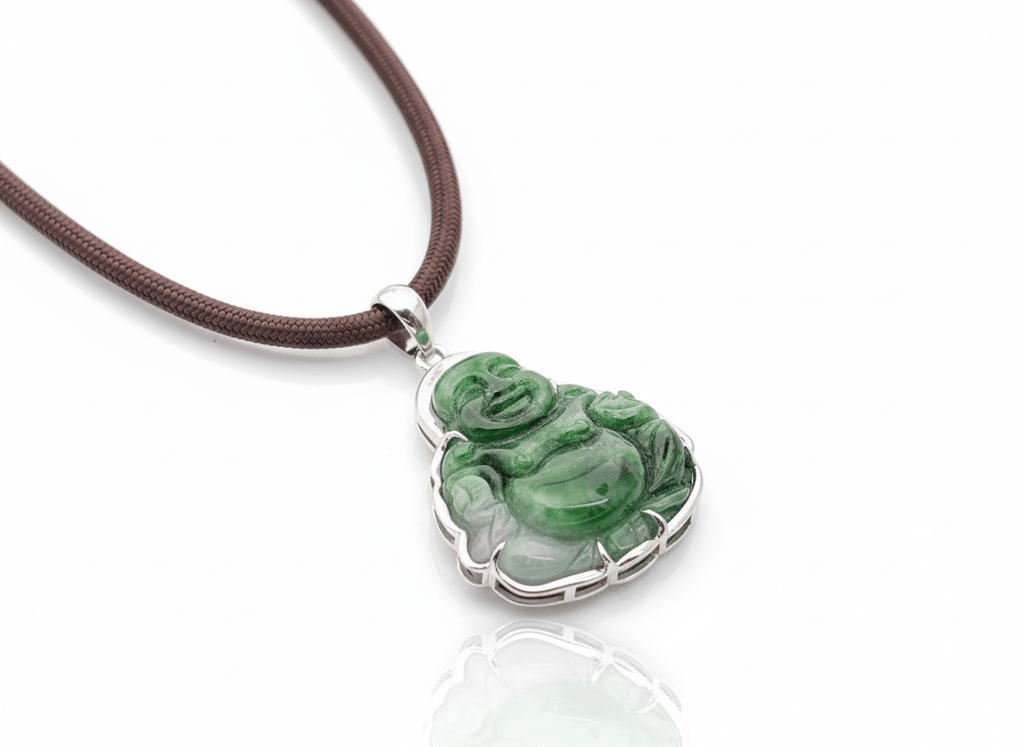 Mặt dây Vàng trắng Tượng Phật Di Lặc Cẩm thạch thiên nhiên Jadeite Jade Maitreya Buddha Pendant 10K White Gold by AME Jewellery