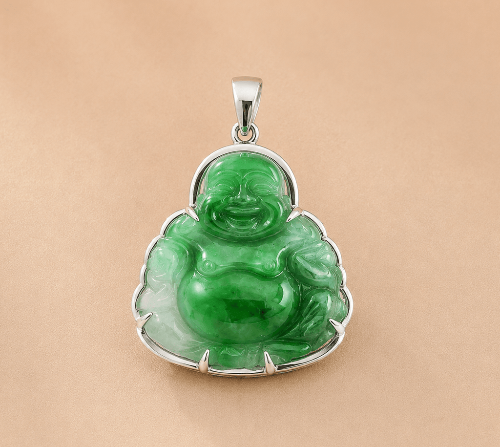 Burmese Jadeite Jade Maitreya Buddha Pendant in 10K White Gold - AME Jewellery