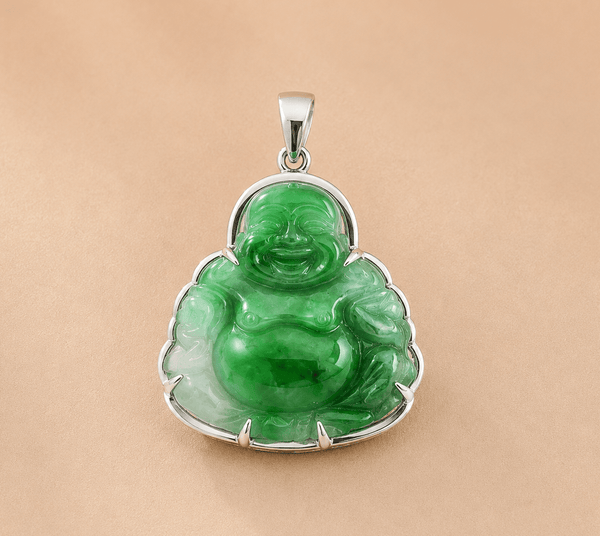 Burmese Jadeite Jade Maitreya Buddha Pendant in 10K White Gold - AME Jewellery