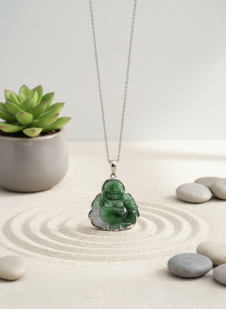 Mặt dây Vàng trắng Tượng Phật Di Lặc Cẩm thạch thiên nhiên Jadeite Jade Maitreya Buddha Pendant 10K White Gold by AME Jewellery