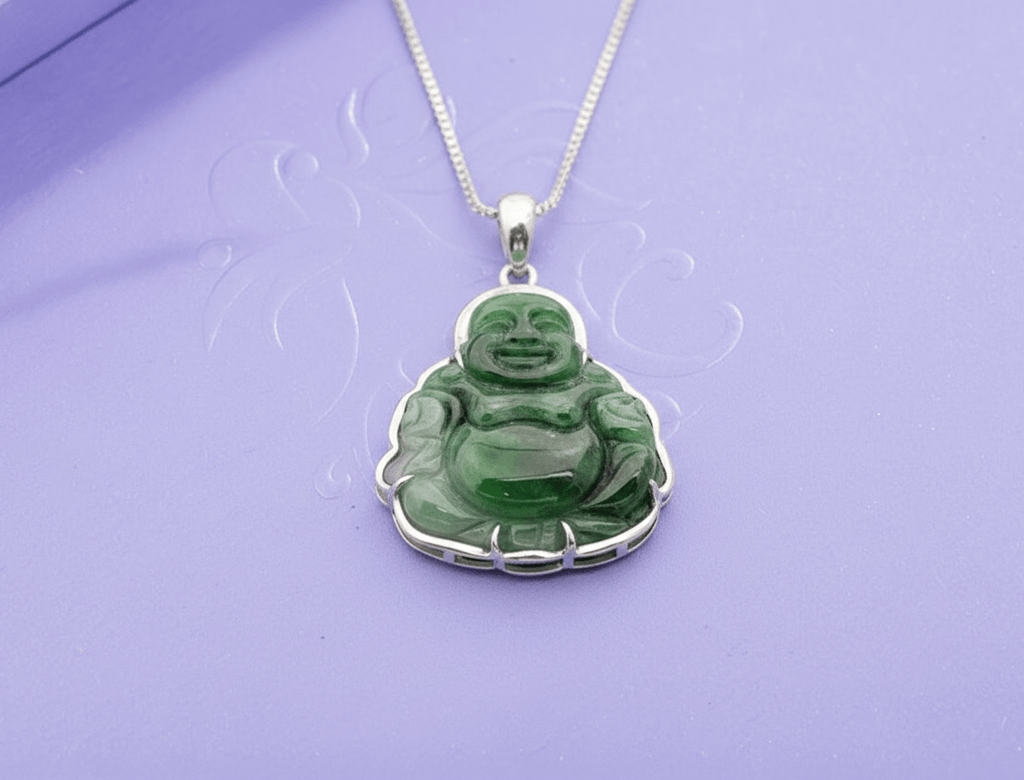 Mặt dây Vàng trắng Tượng Phật Di Lặc Cẩm thạch thiên nhiên Jadeite Jade Maitreya Buddha Pendant 10K White Gold by AME Jewellery