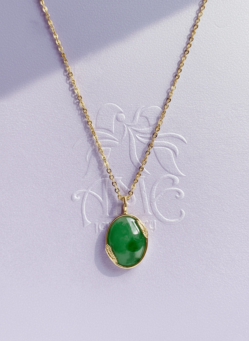 Mặt dây Bông Lúa Vàng Đá quý thiên nhiên Cẩm Thạch Miến Điện - Burmese Jadeite Jade Rice Panicle Pendant in 14K Yellow Gold by AME Jewellery