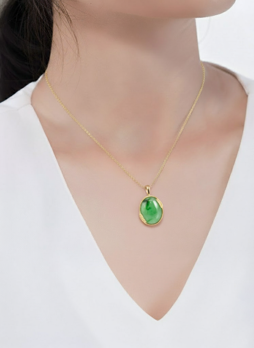 Mặt dây Bông Lúa Vàng Đá quý thiên nhiên Cẩm Thạch Miến Điện - Burmese Jadeite Jade Rice Panicle Pendant in 14K Yellow Gold by AME Jewellery