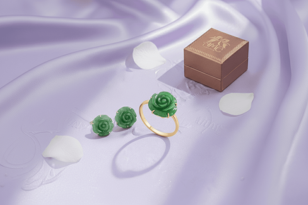 Bộ trang sức Hoa hồng Vàng 14K đá Cẩm thạch thiên nhiên | Jadeite Jade Rose Flower Gold Ring | AME Jewellery