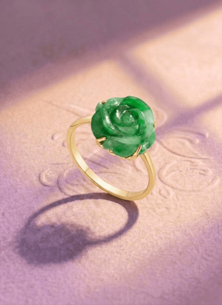 Burmese Carved Rose Flower Jadeite Jade Ring 14K Yellow Gold - AME Jewellery