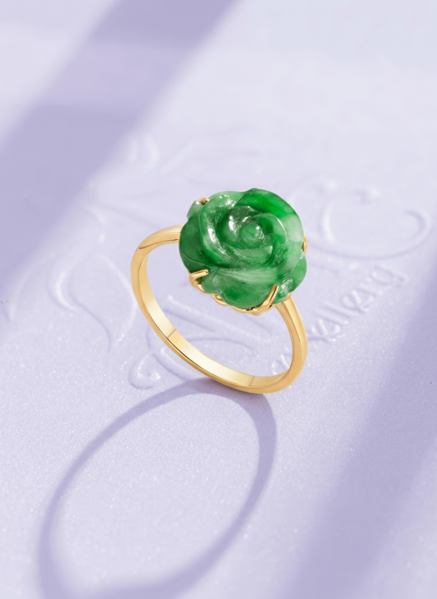Burmese Carved Rose Flower Jadeite Jade Ring 14K Yellow Gold– AME Jewellery