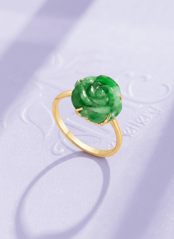 Nhẫn Hoa hồng Vàng 14K đá Cẩm thạch thiên nhiên | Jadeite Jade Rose Flower Gold Ring | AME Jewellery