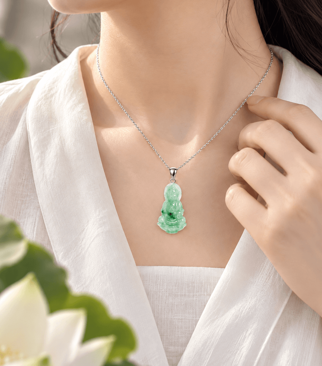 Natural Jadeite (翡翠 Fěicuì) Carving Guanyin Buddha Pendant - AME Jewellery. 