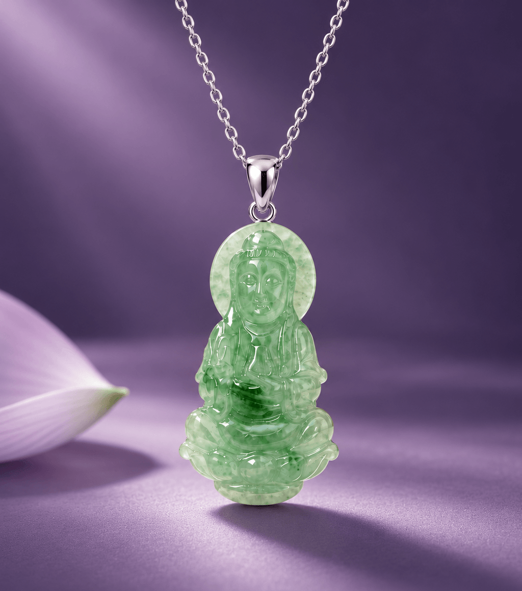 Natural Jadeite (翡翠 Fěicuì) Carving Guanyin Buddha Pendant - AME Jewellery. 