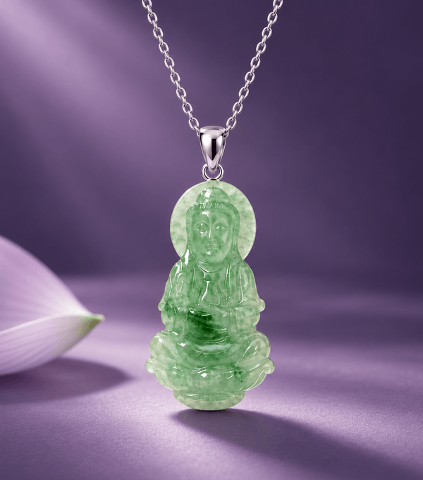 Natural Jadeite (翡翠 Fěicuì) Carving Guanyin Buddha Pendant - AME Jewellery. 