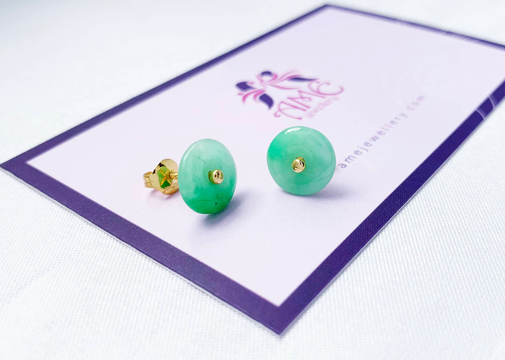 Bông tai Vàng Đồng điếu Cẩm thạch thiên nhiên Burmese BI / Donut Circle Jadeite Jade Earrings in 14K Yellow Gold by AME Jewellery