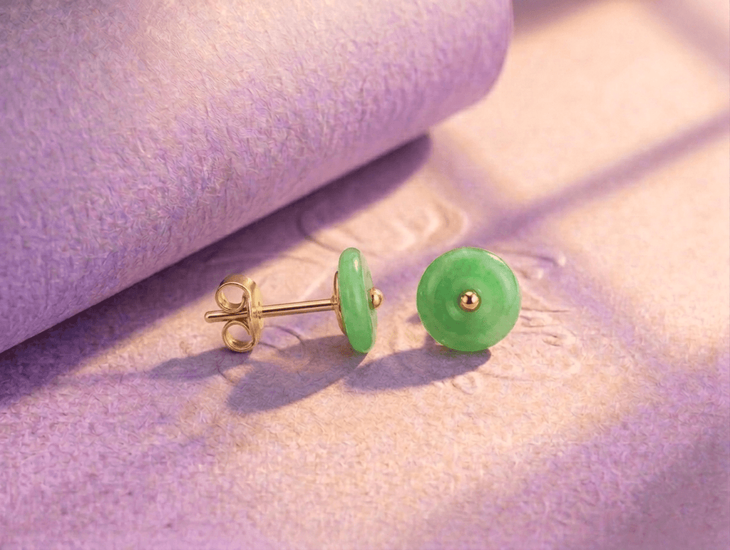Burmese BI / Donut Circle Jadeite Jade Earrings in 14K Yellow Gold by AME Jewellery. 