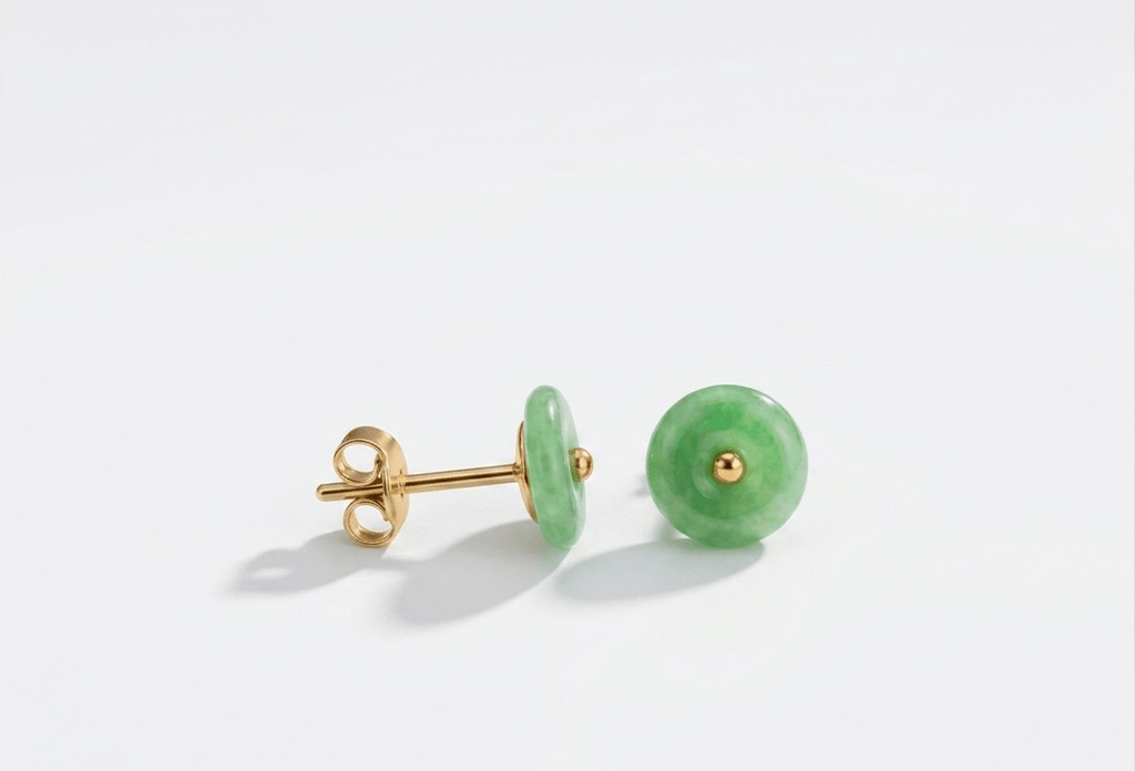 Burmese BI / Donut Circle Jadeite Jade Earrings in 14K Yellow Gold by AME Jewellery. 