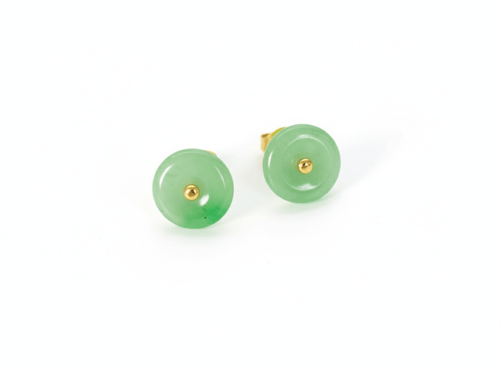 Bông tai Vàng Đồng điếu Cẩm thạch thiên nhiên Burmese BI / Donut Circle Jadeite Jade Earrings in 14K Yellow Gold by AME Jewellery