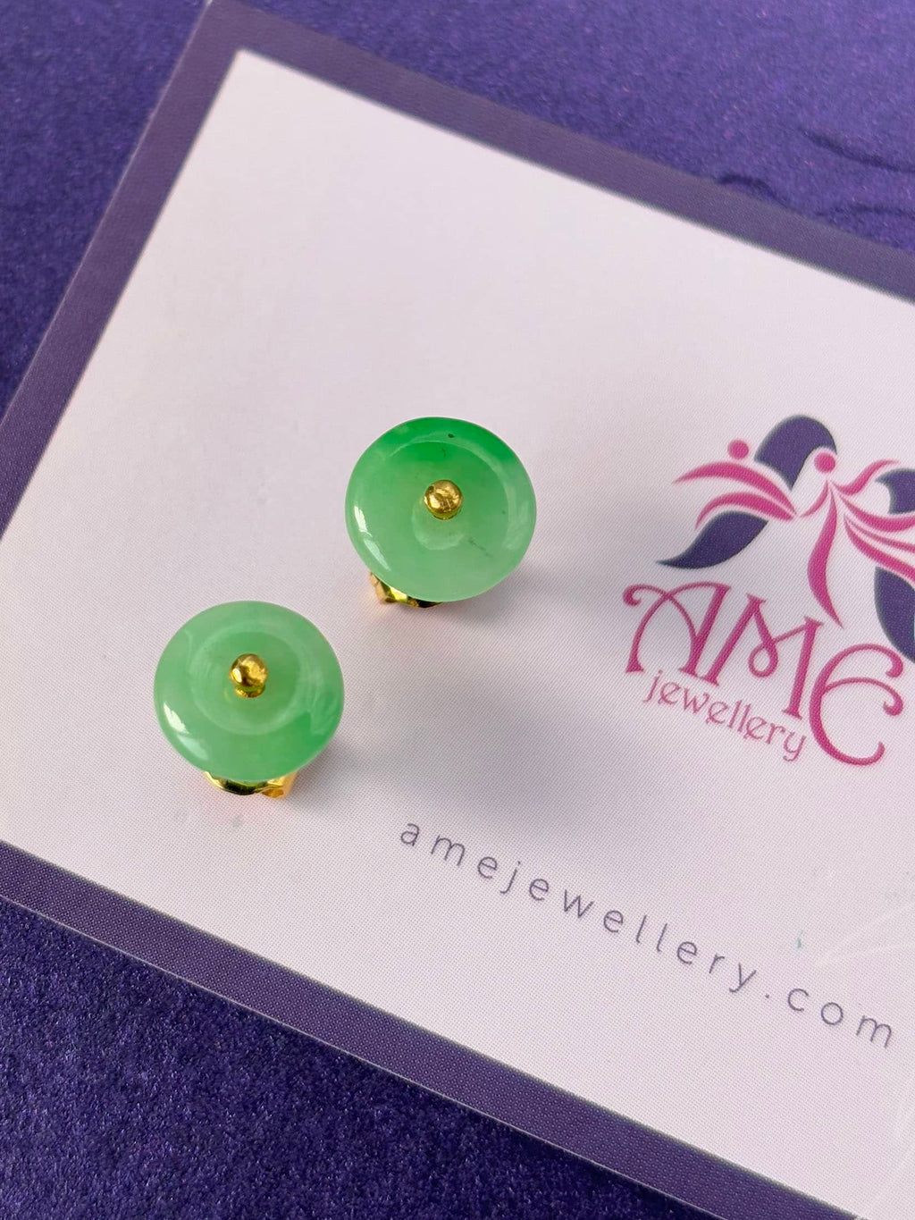 Bông tai Vàng Đồng điếu Cẩm thạch thiên nhiên Burmese BI / Donut Circle Jadeite Jade Earrings in 14K Yellow Gold by AME Jewellery