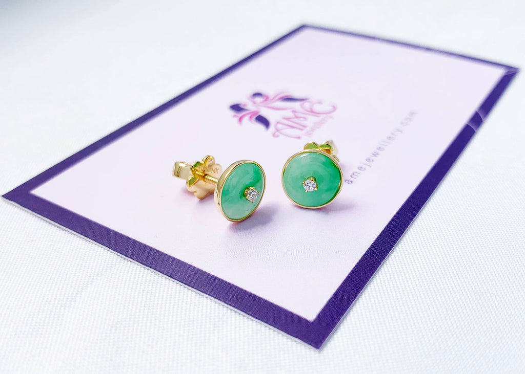 Bông tai Vàng Đồng điếu Cẩm thạch thiên nhiên Burmese BI / Donut Circle Jadeite Jade Bezel Earrings in 14K Yellow Gold by AME Jewellery