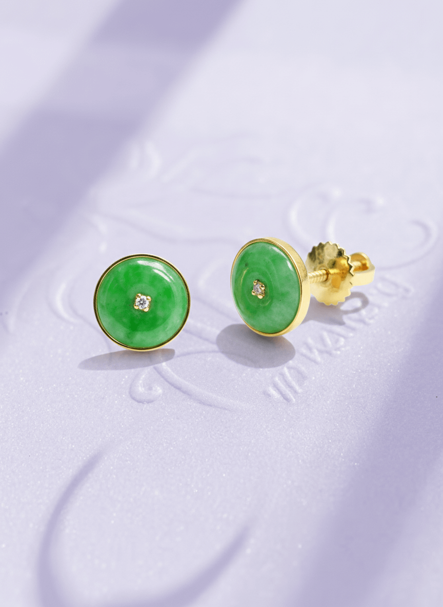 Bông tai Vàng Đồng điếu Cẩm thạch thiên nhiên Burmese BI / Donut Circle Jadeite Jade Bezel Earrings in 14K Yellow Gold by AME Jewellery
