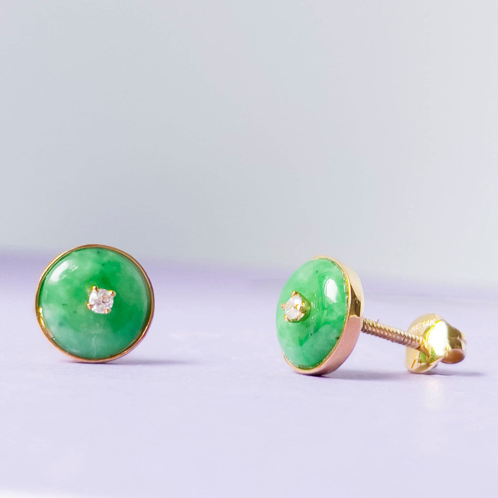 Bông tai Vàng Đồng điếu Cẩm thạch thiên nhiên Burmese BI / Donut Circle Jadeite Jade Bezel Earrings in 14K Yellow Gold by AME Jewellery