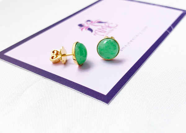 Bông tai Vàng Cẩm thạch thiên nhiên Burmese half-round Jadeite Jade Earrings 14K Yellow Gold by AME Jewellery
