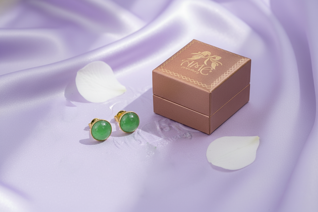 Bông tai Vàng Đá quý Cẩm thạch thiên nhiên Miến Điện Burmese Jadeite Jade Earrings in 14K Yellow Gold by AME Jewellery