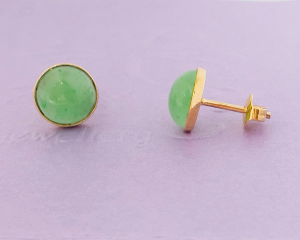 Bông tai Vàng Cẩm thạch thiên nhiên Burmese half-round Jadeite Jade Earrings 14K Yellow Gold by AME Jewellery