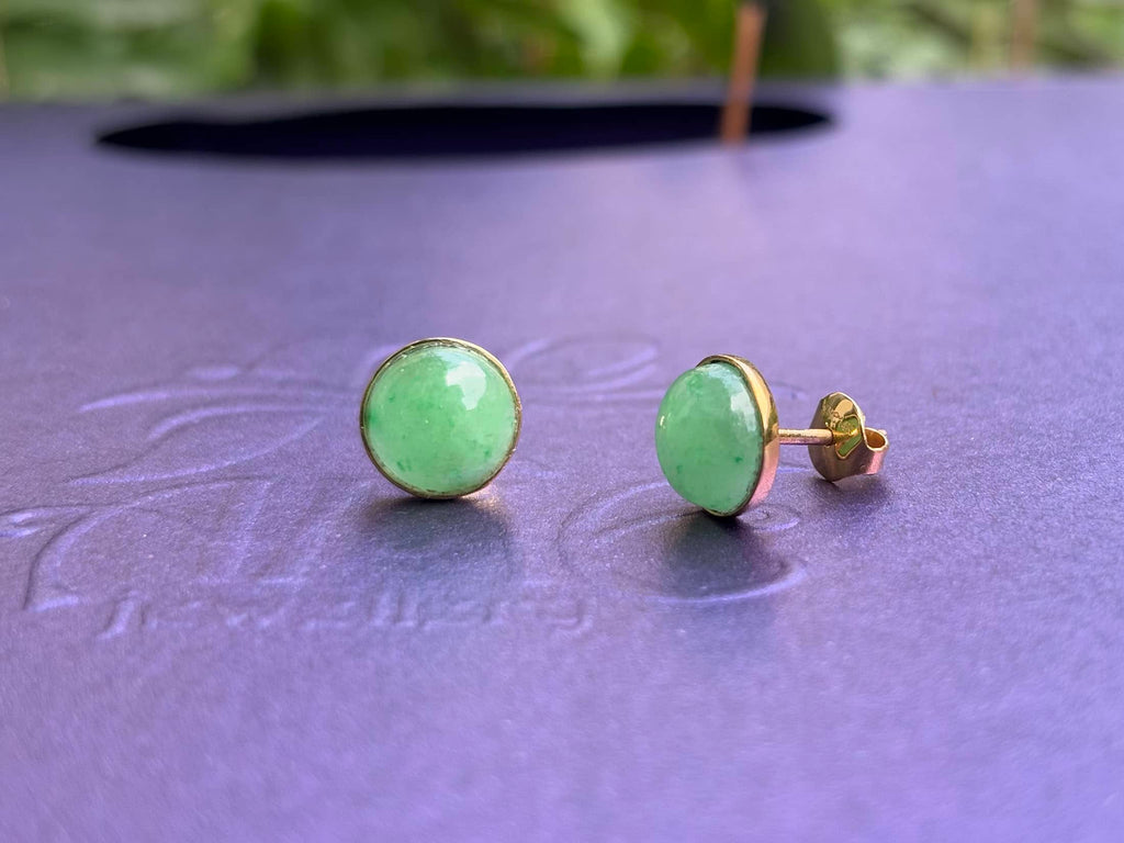 Bông tai Vàng Đá quý Cẩm thạch thiên nhiên Miến Điện Burmese Jadeite Jade Earrings in 14K Yellow Gold by AME Jewellery