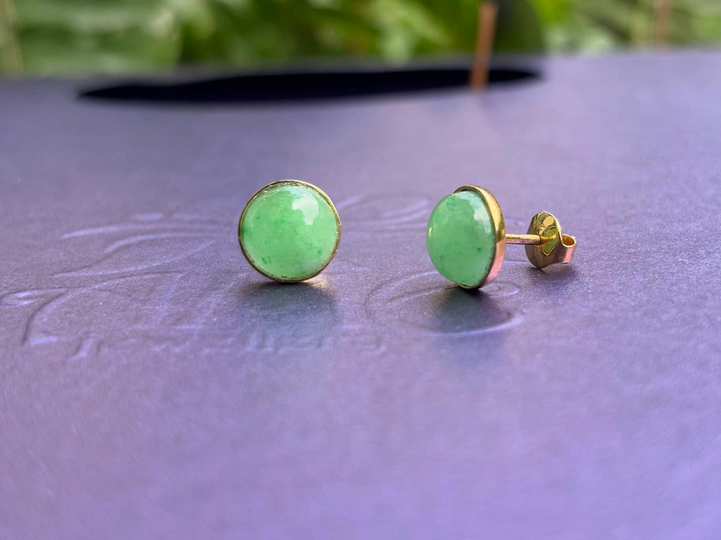 Bông tai Vàng Đá quý Cẩm thạch thiên nhiên Miến Điện Burmese Jadeite Jade Earrings in 14K Yellow Gold by AME Jewellery