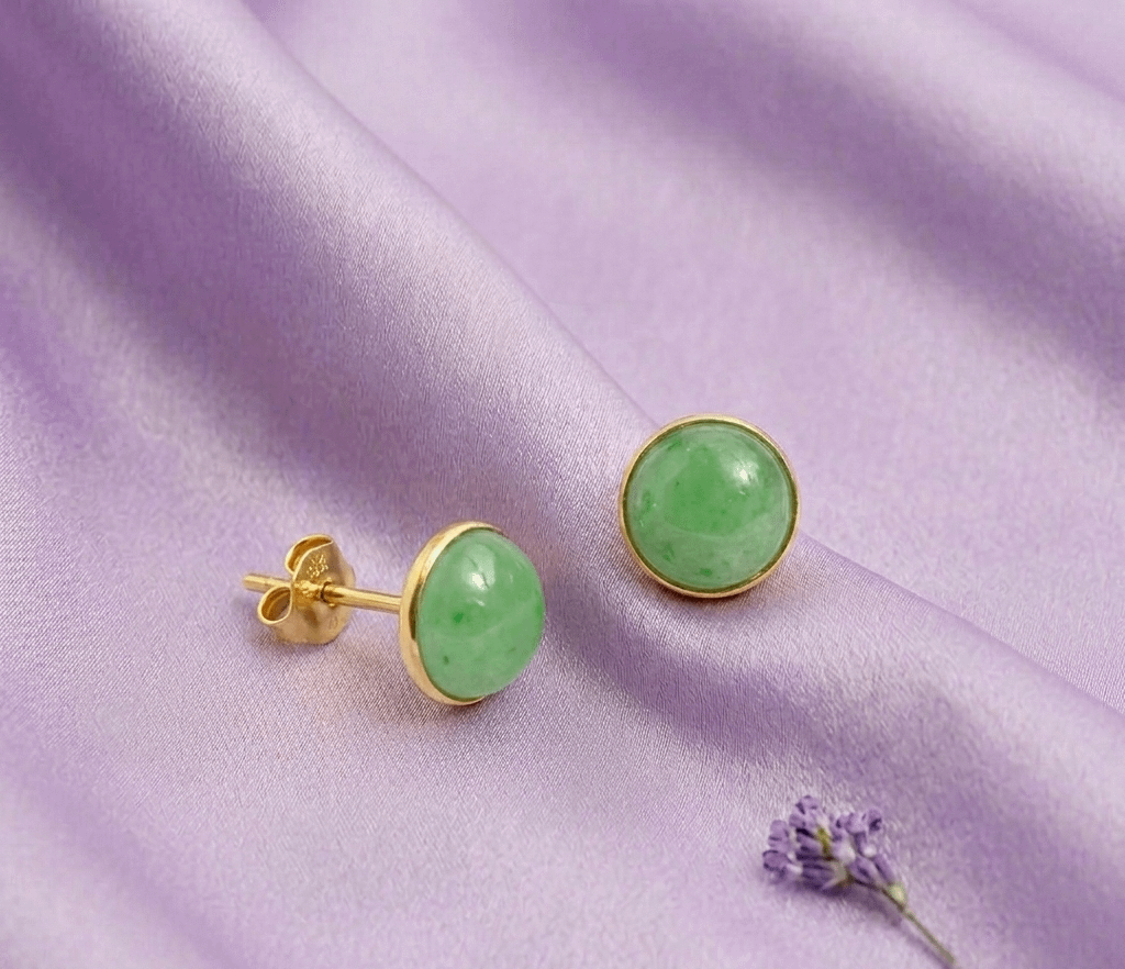 Bông tai Vàng Đá quý Cẩm thạch thiên nhiên Miến Điện Burmese Jadeite Jade Earrings in 14K Yellow Gold by AME Jewellery