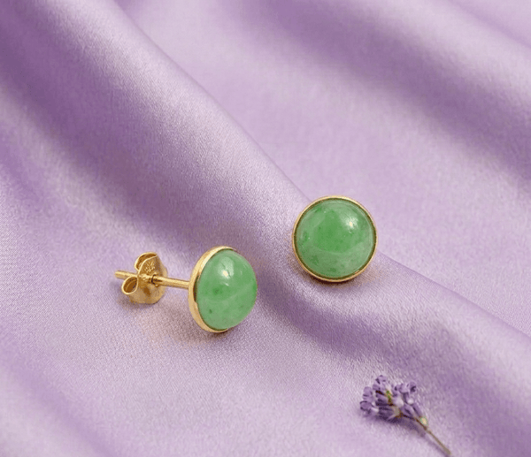 Bông tai Vàng Đá quý Cẩm thạch thiên nhiên Miến Điện Burmese Jadeite Jade Earrings in 14K Yellow Gold by AME Jewellery