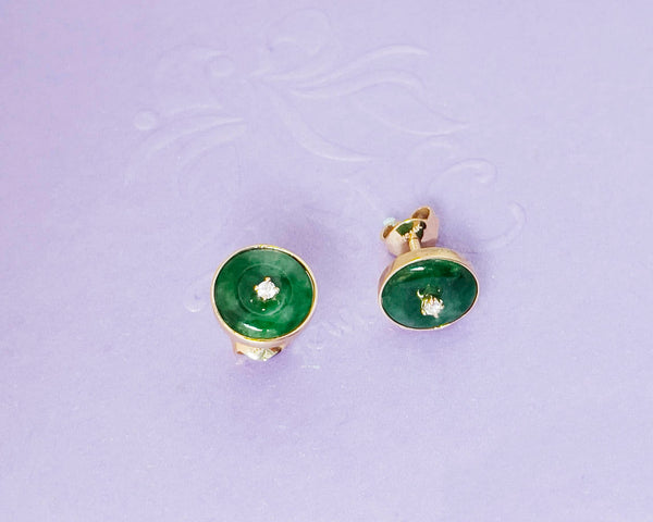 Bông tai Vàng Đồng điếu Cẩm thạch thiên nhiên Burmese BI / Donut Circle Jadeite Jade Bezel Earrings in 14K Yellow Gold by AME Jewellery