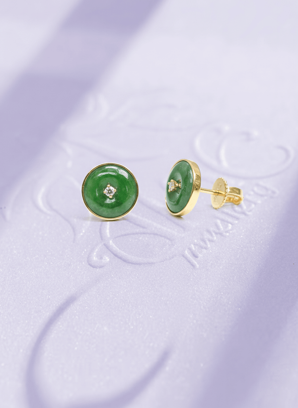 Bông tai Vàng Đồng điếu Cẩm thạch thiên nhiên Burmese BI / Donut Circle Jadeite Jade Bezel Earrings in 14K Yellow Gold by AME Jewellery