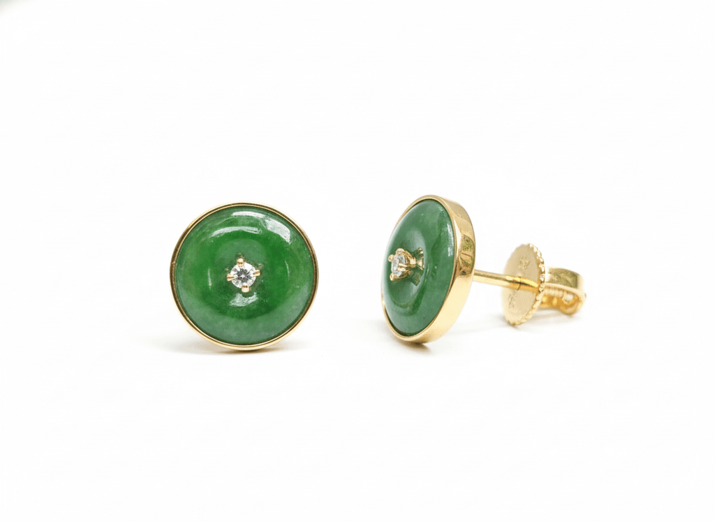 Bông tai Vàng Đồng điếu Cẩm thạch thiên nhiên Burmese BI / Donut Circle Jadeite Jade Bezel Earrings in 14K Yellow Gold by AME Jewellery