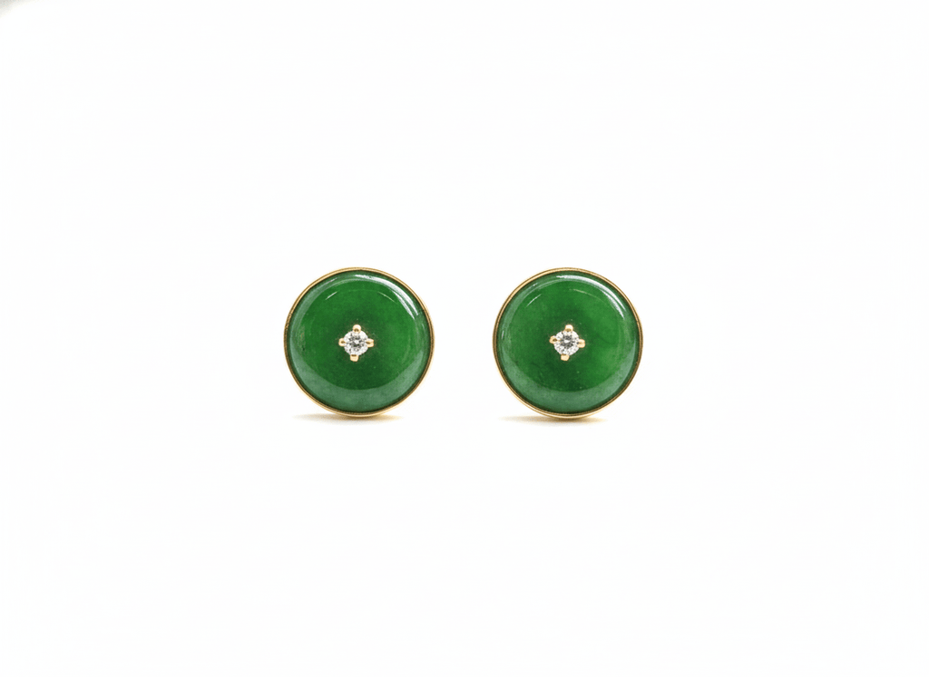 Bông tai Vàng Đồng điếu Cẩm thạch thiên nhiên Burmese BI / Donut Circle Jadeite Jade Bezel Earrings in 14K Yellow Gold by AME Jewellery